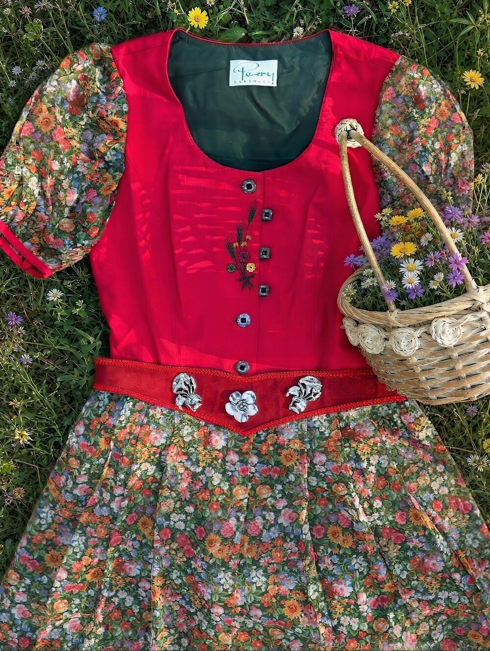 Vintage Red Floral Midi Dress, Cottagecore, Dirndl, Bohemian